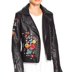 Holly Bracken black Moto faux leather floral coat - Medium